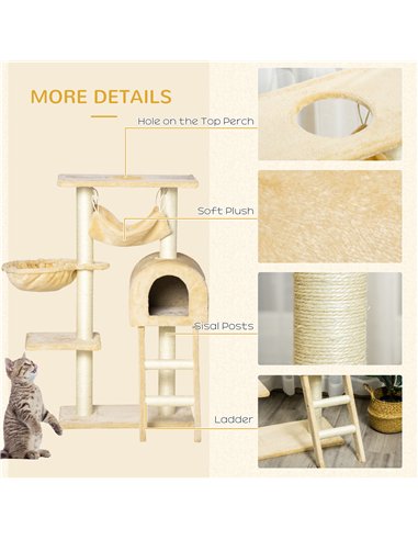 PawHut Cat Tree Tower for Indoor Cats Kitten Activity Centre Scratching Post w/ Hammock House Basket Ladder - Beige