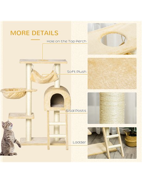 PawHut Cat Tree Tower for Indoor Cats Kitten Activity Centre Scratching Post w/ Hammock House Basket Ladder - Beige - pic 148201 | FastDaddyshop