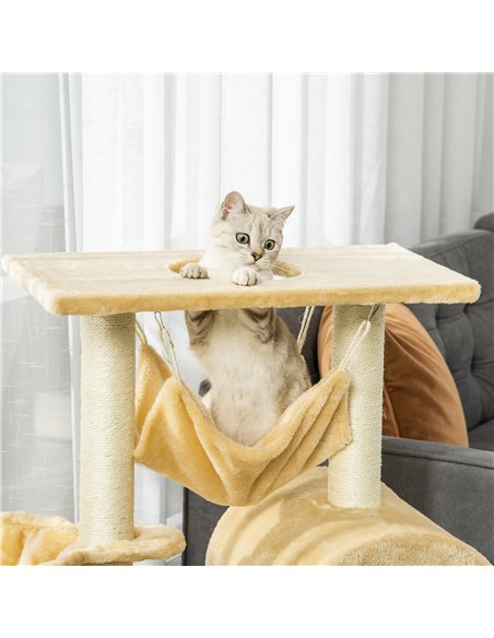 PawHut Cat Tree Tower for Indoor Cats Kitten Activity Centre Scratching Post w/ Hammock House Basket Ladder - Beige - pic 148202 | FastDaddyshop