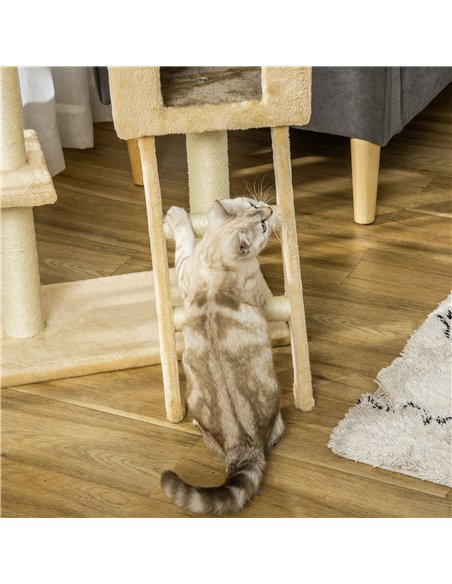 PawHut Cat Tree Tower for Indoor Cats Kitten Activity Centre Scratching Post w/ Hammock House Basket Ladder - Beige - pic 148203 | FastDaddyshop