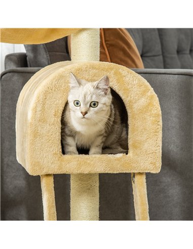 PawHut Cat Tree Tower for Indoor Cats Kitten Activity Centre Scratching Post w/ Hammock House Basket Ladder - Beige
