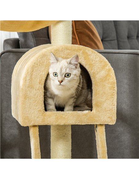 PawHut Cat Tree Tower for Indoor Cats Kitten Activity Centre Scratching Post w/ Hammock House Basket Ladder - Beige - pic 148204 | FastDaddyshop