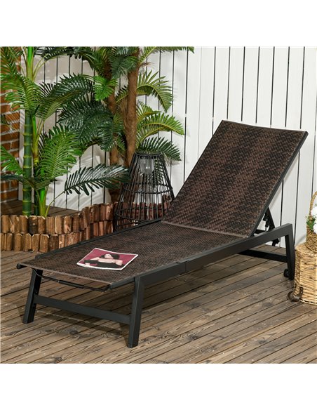 Outsunny Outdoor PE Rattan Sun Lounger with 5-Position Backrest, Wheels, Brown - pic 14821 | FastDaddyshop