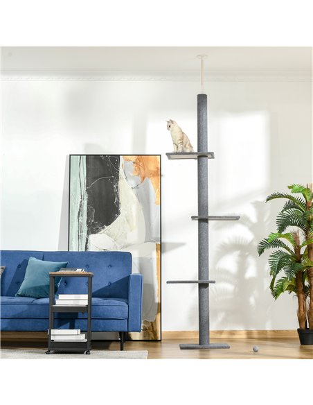 PawHut 260cm Floor To Ceiling Cat Tree for Indoor Cats w/ Three Platforms Activity Centre - Grey - pic 148215 | FastDaddyshop