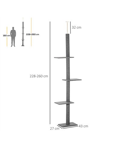 PawHut 260cm Floor To Ceiling Cat Tree for Indoor Cats w/ Three Platforms Activity Centre - Grey