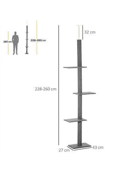 PawHut 260cm Floor To Ceiling Cat Tree for Indoor Cats w/ Three Platforms Activity Centre - Grey - pic 148216 | FastDaddyshop