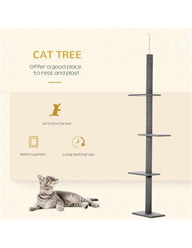 PawHut 260cm Floor To Ceiling Cat Tree for Indoor Cats w/ Three Platforms Activity Centre - Grey