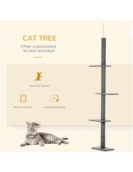 PawHut 260cm Floor To Ceiling Cat Tree for Indoor Cats w/ Three Platforms Activity Centre - Grey - pic 148217 | FastDaddyshop