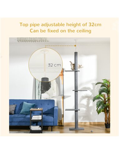 PawHut 260cm Floor To Ceiling Cat Tree for Indoor Cats w/ Three Platforms Activity Centre - Grey