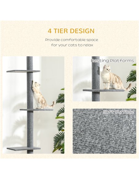 PawHut 260cm Floor To Ceiling Cat Tree for Indoor Cats w/ Three Platforms Activity Centre - Grey - pic 148219 | FastDaddyshop