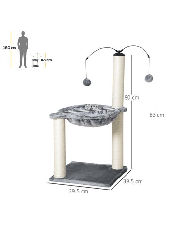 PawHut 83cm Cat Tree Tower for Indoor Cats w/ Sisal Scratching Post Hammock Hanging Toy Activity Centre - Grey
