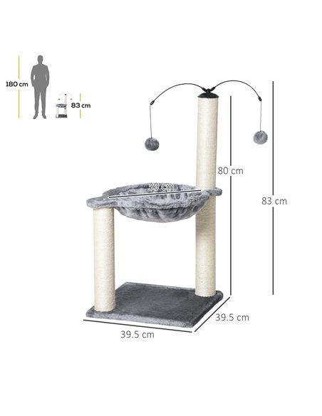 PawHut 83cm Cat Tree Tower for Indoor Cats w/ Sisal Scratching Post Hammock Hanging Toy Activity Centre - Grey - pic 148225 | FastDaddyshop