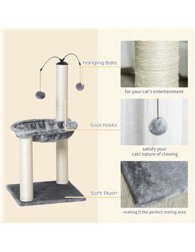 PawHut 83cm Cat Tree Tower for Indoor Cats w/ Sisal Scratching Post Hammock Hanging Toy Activity Centre - Grey