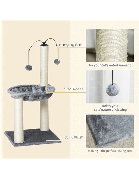 PawHut 83cm Cat Tree Tower for Indoor Cats w/ Sisal Scratching Post Hammock Hanging Toy Activity Centre - Grey - pic 148228 | FastDaddyshop