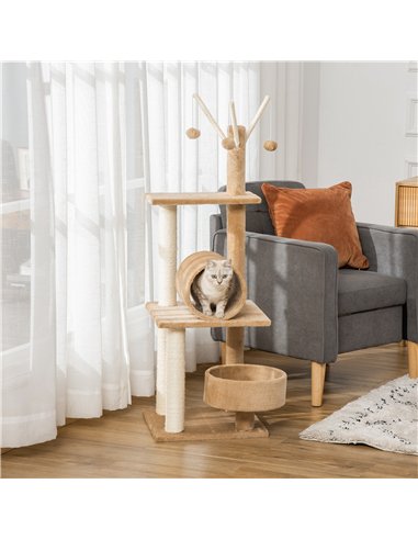 PawHut 121cm Cat Tree Tower for Indoor Cats Kitten Activity Centre Scratching Post with Bed Tunnel Perch Interactive Ball Toy Br