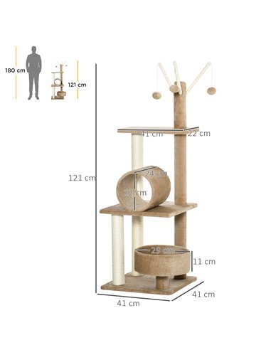 PawHut 121cm Cat Tree Tower for Indoor Cats Kitten Activity Centre Scratching Post with Bed Tunnel Perch Interactive Ball Toy Br