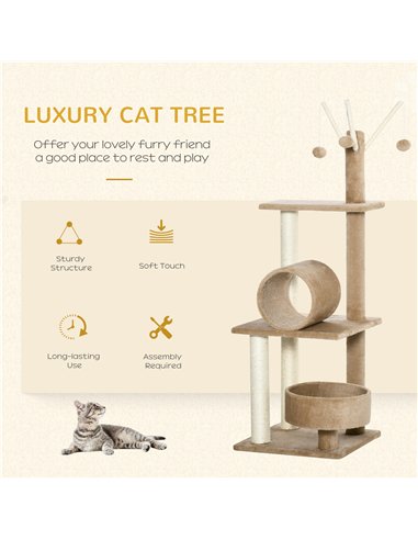 PawHut 121cm Cat Tree Tower for Indoor Cats Kitten Activity Centre Scratching Post with Bed Tunnel Perch Interactive Ball Toy Br