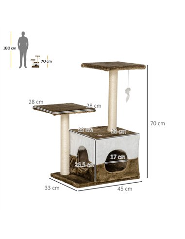 PawHut Cat Tree Tower for Indoor Cats Kitten House Scratching Posts with Condo Perch Interactive Mouse Toy, 45 x 33 x 70 cm, Bro