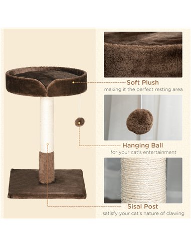 PawHut Small Cat Tree for Indoor Cats with Sisal Scratching Post Kitten Bed Cushion Ball Toy, Brown, 45x45x70 cm