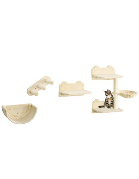 PawHut 4PCs Wall-Mounted Cat Shelves w/ Scratching Post, Hammock, Nest - Beige - pic 148295 | FastDaddyshop