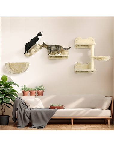 PawHut 4PCs Wall-Mounted Cat Shelves w/ Scratching Post, Hammock, Nest - Beige
