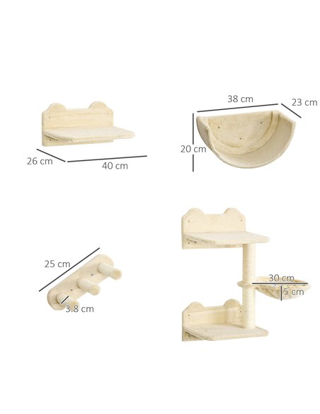 PawHut 4PCs Wall-Mounted Cat Shelves w/ Scratching Post, Hammock, Nest - Beige - pic 148297 | FastDaddyshop