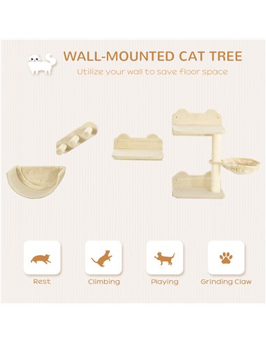PawHut 4PCs Wall-Mounted Cat Shelves w/ Scratching Post, Hammock, Nest - Beige
