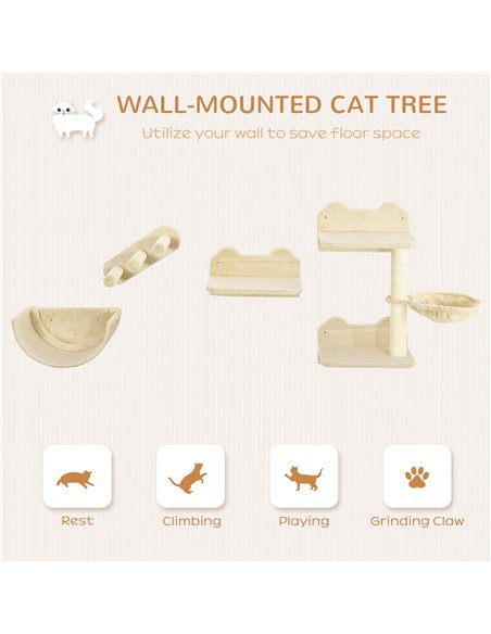 PawHut 4PCs Wall-Mounted Cat Shelves w/ Scratching Post, Hammock, Nest - Beige - pic 148298 | FastDaddyshop