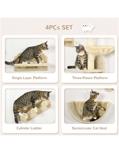 PawHut 4PCs Wall-Mounted Cat Shelves w/ Scratching Post, Hammock, Nest - Beige - pic 148299 | FastDaddyshop