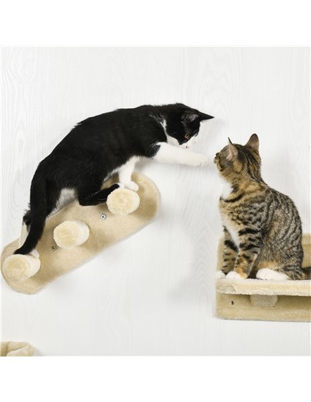 PawHut 4PCs Wall-Mounted Cat Shelves w/ Scratching Post, Hammock, Nest - Beige - pic 148303 | FastDaddyshop