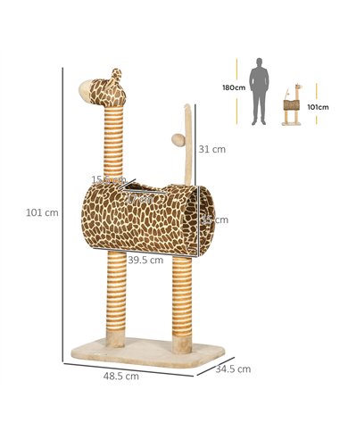 PawHut Giraffe-Designed Cat Tree, with Scratching Posts, Cat Tunnel, Toy Ball - Beige