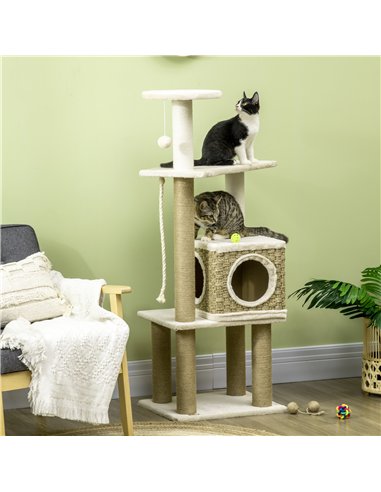 PawHut Cat Tree, with Scratching Post, Cat House & Hanging Toy Ball - Beige
