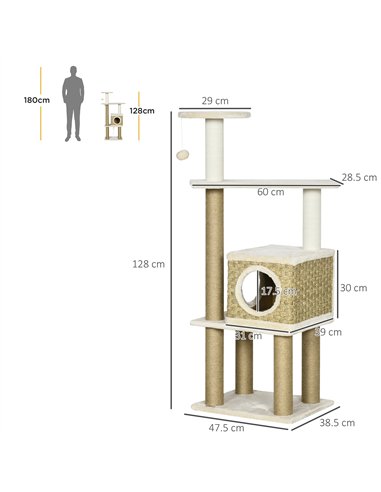 PawHut Cat Tree, with Scratching Post, Cat House & Hanging Toy Ball - Beige