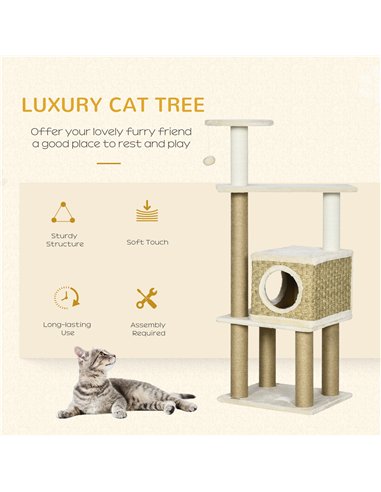 PawHut Cat Tree, with Scratching Post, Cat House & Hanging Toy Ball - Beige