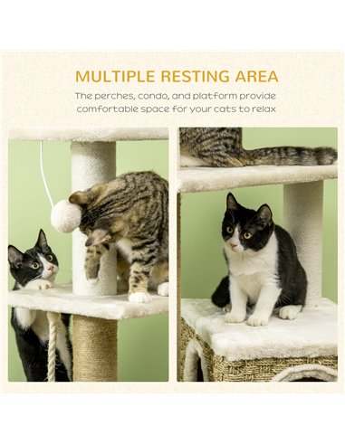 PawHut Cat Tree, with Scratching Post, Cat House & Hanging Toy Ball - Beige