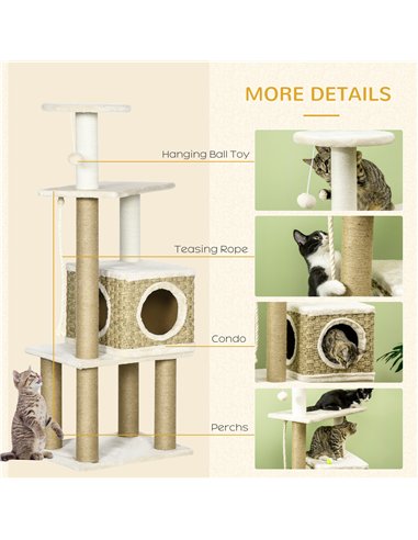 PawHut Cat Tree, with Scratching Post, Cat House & Hanging Toy Ball - Beige