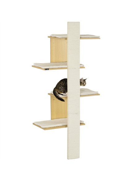 PawHut Four-Layer Wall-Mounted Shelf, with Cushions, Scratching Board - Oak Tone - pic 148340 | FastDaddyshop