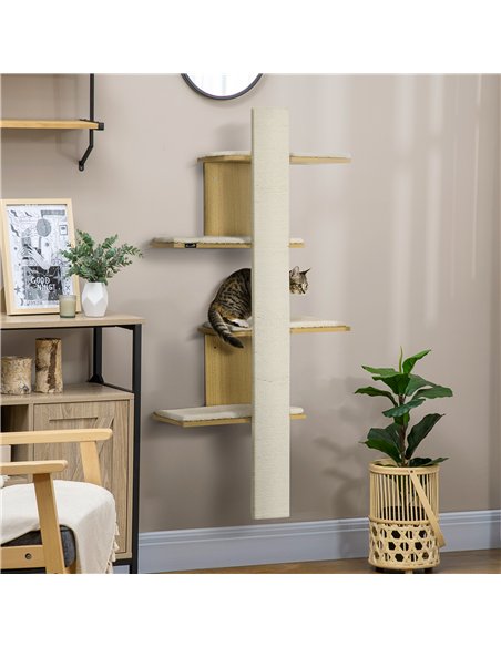 PawHut Four-Layer Wall-Mounted Shelf, with Cushions, Scratching Board - Oak Tone - pic 148341 | FastDaddyshop