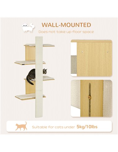 PawHut Four-Layer Wall-Mounted Shelf, with Cushions, Scratching Board - Oak Tone