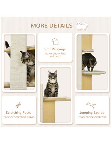 PawHut Four-Layer Wall-Mounted Shelf, with Cushions, Scratching Board - Oak Tone