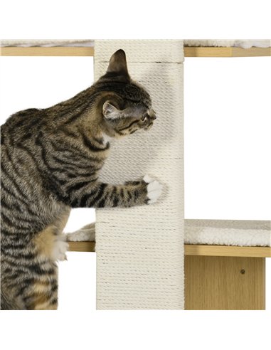 PawHut Four-Layer Wall-Mounted Shelf, with Cushions, Scratching Board - Oak Tone