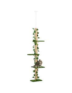 PawHut 242cm Adjustable Floor-To-Ceiling Cat Tree, with Artificial Decoration, Perches, Anti-Slip Kit - Green
