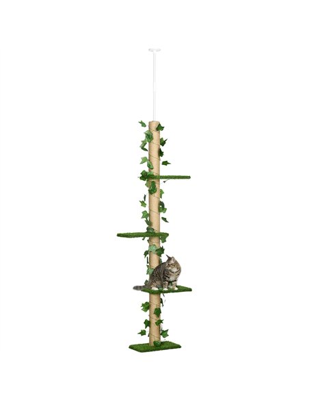 PawHut 242cm Adjustable Floor-To-Ceiling Cat Tree, with Artificial Decoration, Perches, Anti-Slip Kit - Green - pic 148349 | FastDaddyshop