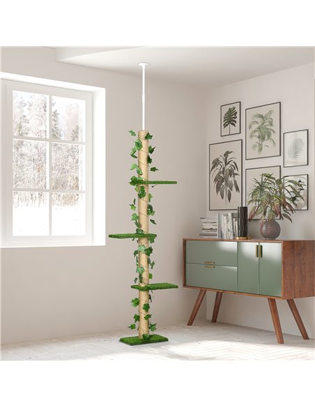 PawHut 242cm Adjustable Floor-To-Ceiling Cat Tree, with Artificial Decoration, Perches, Anti-Slip Kit - Green - pic 148350 | FastDaddyshop