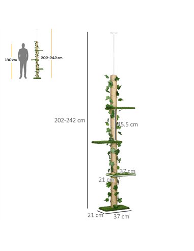 PawHut 242cm Adjustable Floor-To-Ceiling Cat Tree, with Artificial Decoration, Perches, Anti-Slip Kit - Green