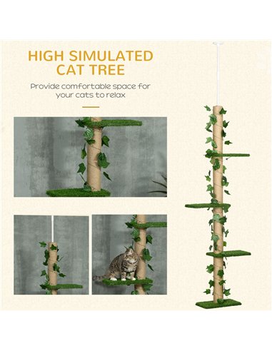 PawHut 242cm Adjustable Floor-To-Ceiling Cat Tree, with Artificial Decoration, Perches, Anti-Slip Kit - Green