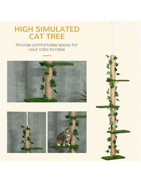 PawHut 242cm Adjustable Floor-To-Ceiling Cat Tree, with Artificial Decoration, Perches, Anti-Slip Kit - Green - pic 148352 | FastDaddyshop