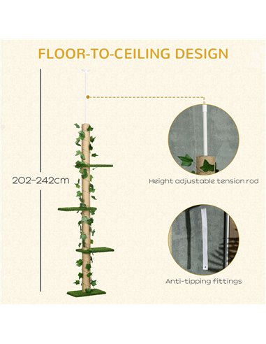 PawHut 242cm Adjustable Floor-To-Ceiling Cat Tree, with Artificial Decoration, Perches, Anti-Slip Kit - Green