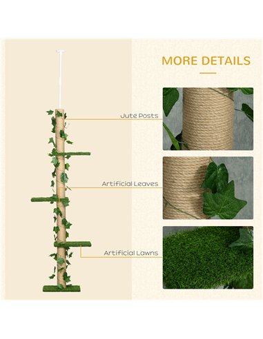 PawHut 242cm Adjustable Floor-To-Ceiling Cat Tree, with Artificial Decoration, Perches, Anti-Slip Kit - Green