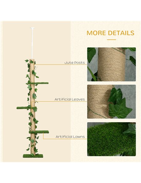 PawHut 242cm Adjustable Floor-To-Ceiling Cat Tree, with Artificial Decoration, Perches, Anti-Slip Kit - Green - pic 148354 | FastDaddyshop